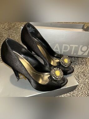 Apt. 9 Black Satin Peep-Toe Heels with Jewel Accent